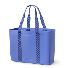 Sun-Day Collapsible Tote in Wavelength, periwinkle blue tote bag with dark navy checkerboard patterned carry loops and blue horizontal strap accent
