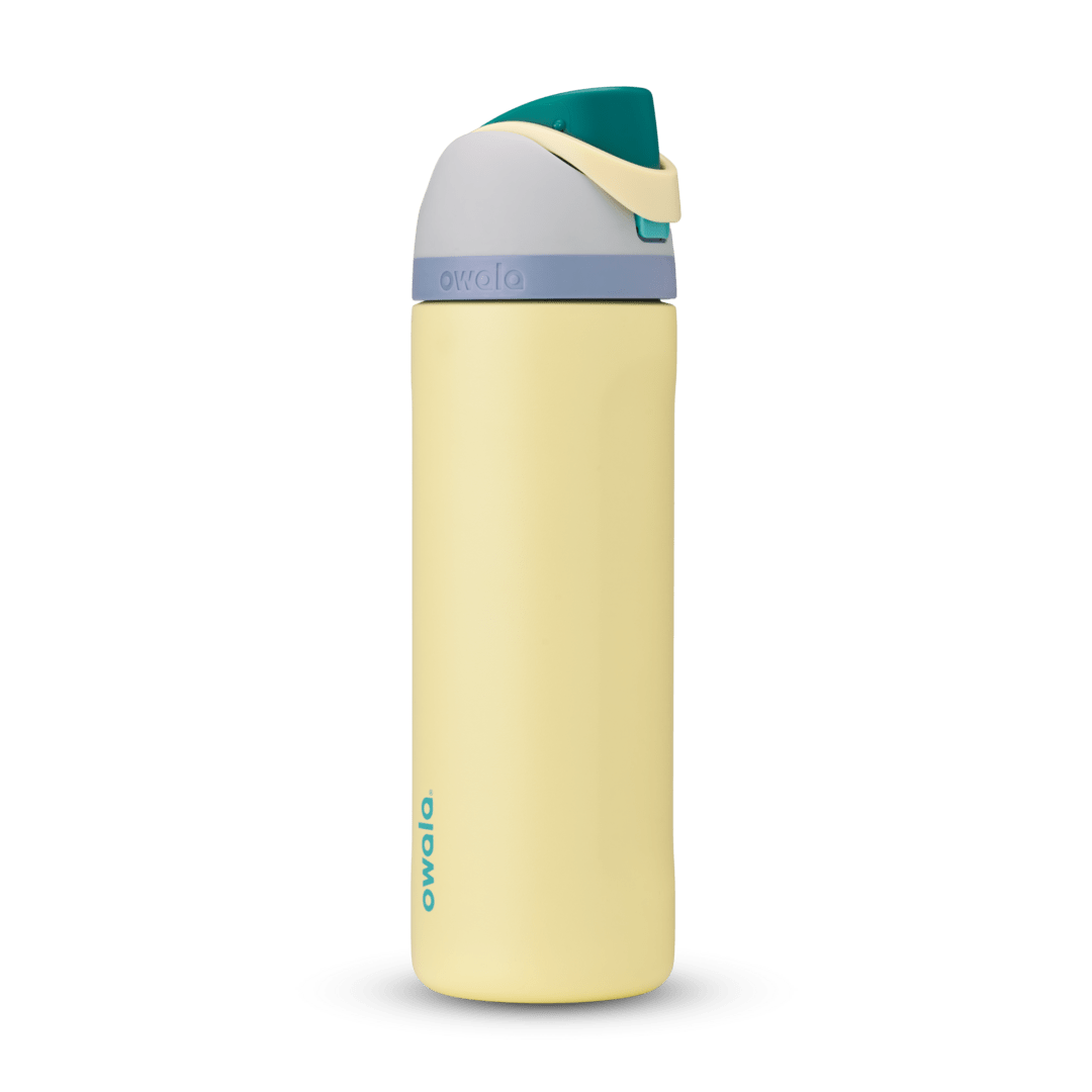 FreeSip 24oz water bottle, pale butter yellow body with teal, soft lavender, and tan color-block lid and flip cap