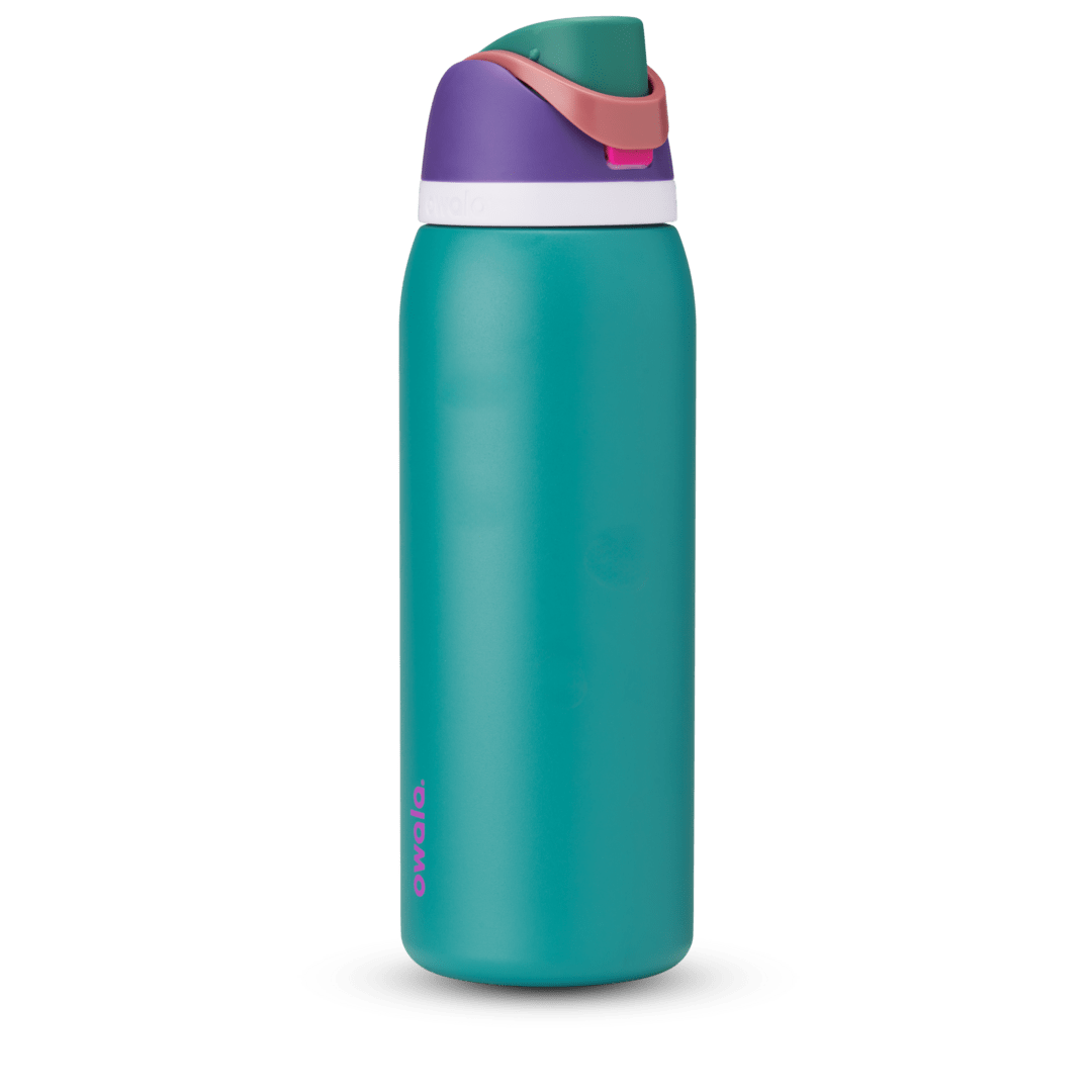 FreeSip 40oz water bottle, bright teal body with purple, peach, and white color-block lid and flip cap