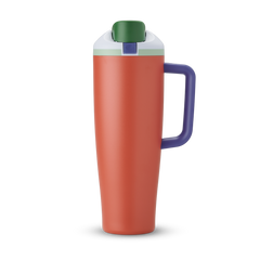 FreeSip Tumbler 40oz in Summer Harvest — terracotta/burnt orange body with dark green lid and purple handle, viewed from the handle side
