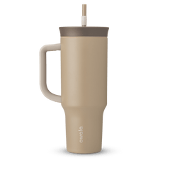 40oz Tumbler in Down to Earth; warm tan body with brown lid, cream handle, and tan straw