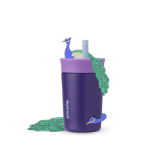 Kids' Tumbler 12oz Peacock Paradise, deep purple tumbler with lavender lid; peacock figurine on straw