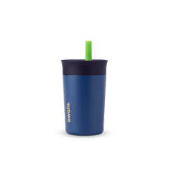 Kids' Tumbler 12oz in Home Base; navy blue insulated tumbler with dark navy lid and bright green straw, yellow Owala logo on front