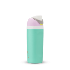 Owala Kids' FreeSip in Make Waves — bright mint green body with lavender pink and white lid accents, alternate angle