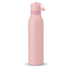 FreeSip Twist 24oz in Rose Quartz, soft pink insulated water bottle with matching pink twist cap, light pink twist cap accent band, and pink carry string with grip