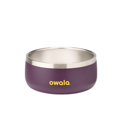 Pet Bowl 3-cup, deep plum purple exterior with stainless steel interior; yellow Owala logo