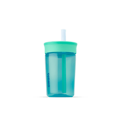Kids' Tumbler 15oz in Blue Lagoon; translucent teal plastic body with mint green lid and white straw with teal inner straw, blue Owala logo on front
