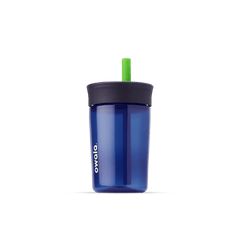 Kids' Tumbler 15oz in Home Base; translucent navy blue plastic body with dark navy lid and bright green straw, white Owala logo on front